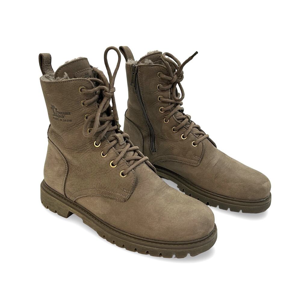 Panama Jack Womens Combat Boots Size 9.5 EU 40 Taupe Brown Suede Shearling Lined